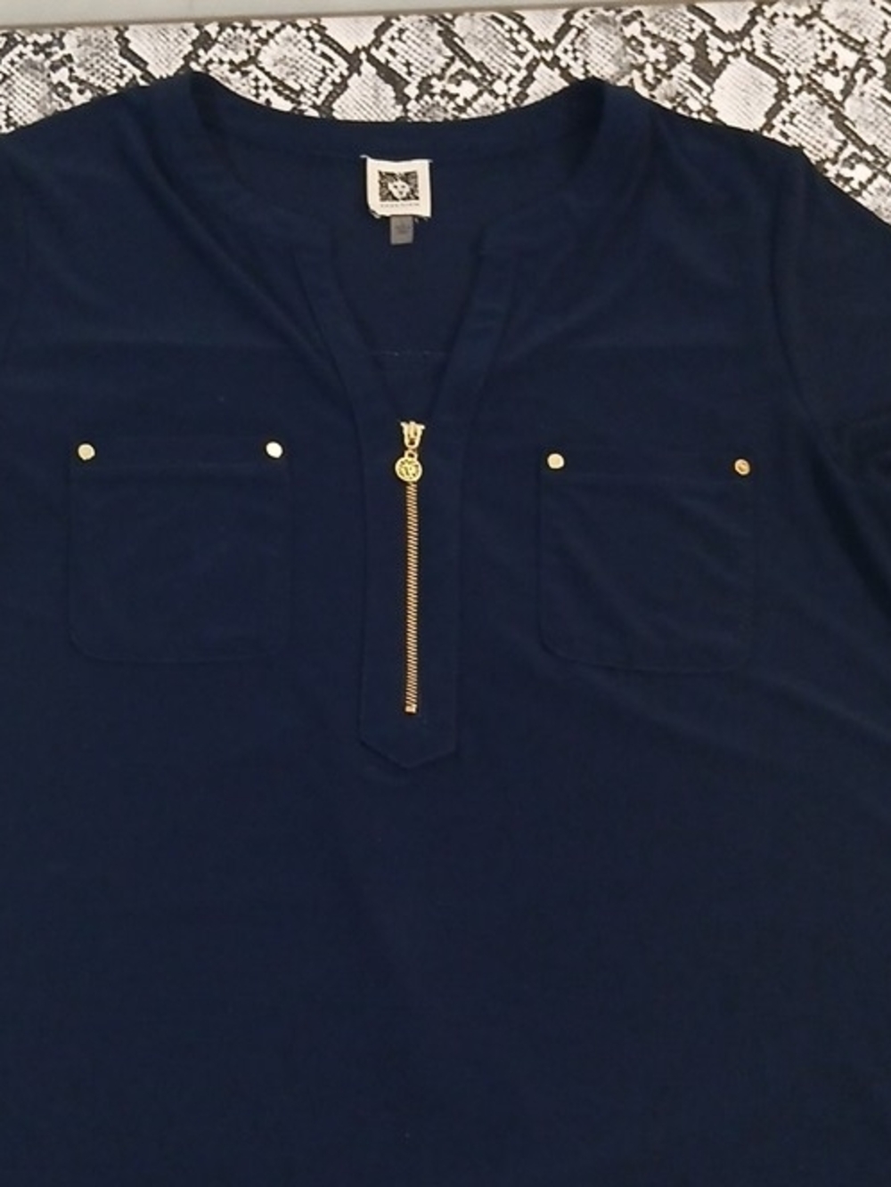 Anne Klein Navy Short-Sleeve Zip Front Blouse with Gold Hardware